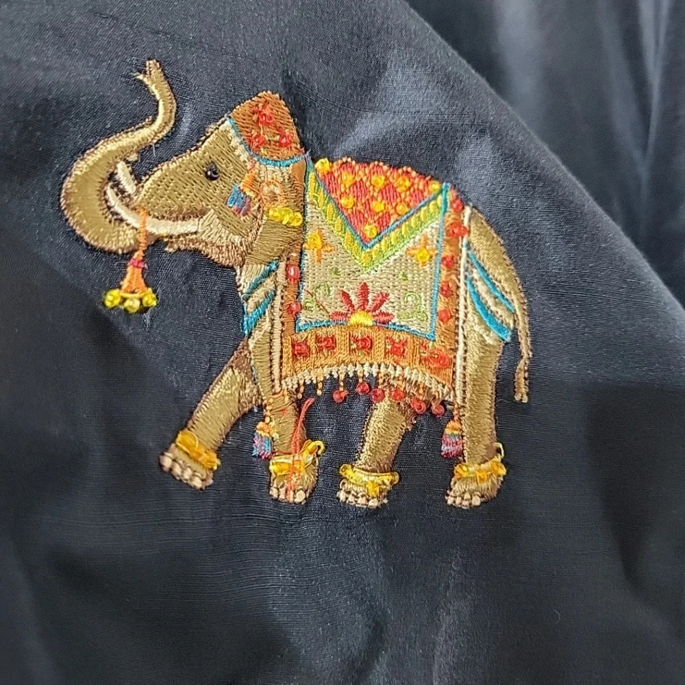 SILKLAND 100% Silk Black Jacket Button Up Embroidered Elephants Size‎ 16 Women's